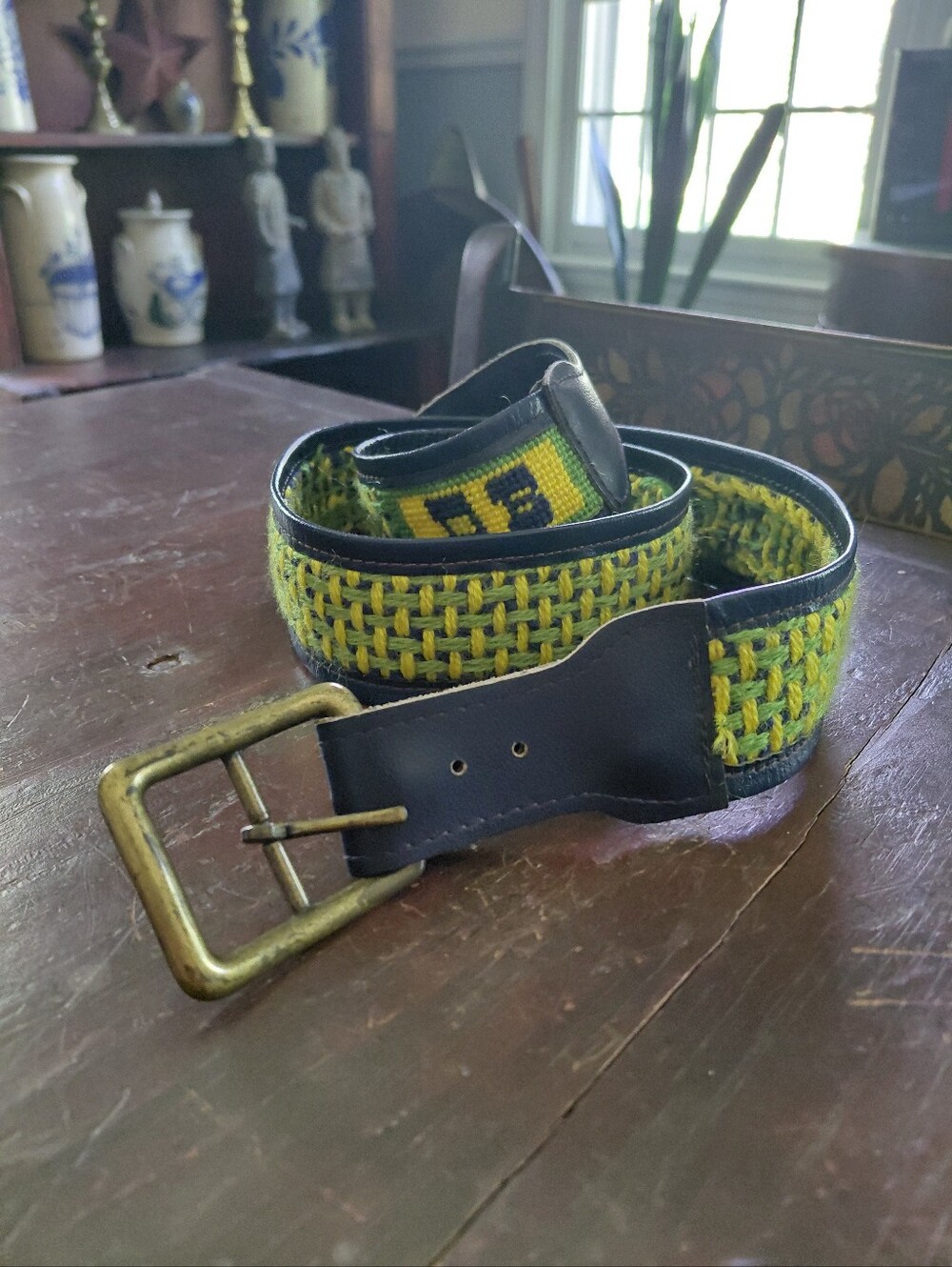 Vintage 60s 70s guitar strap navy green & yellow woven belt removable buckle 37"